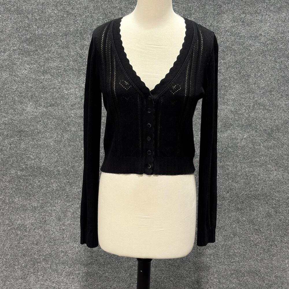 LoveShackFancy Cardigan Sweater Womens Medium Black Petra Heart Cropped Knit